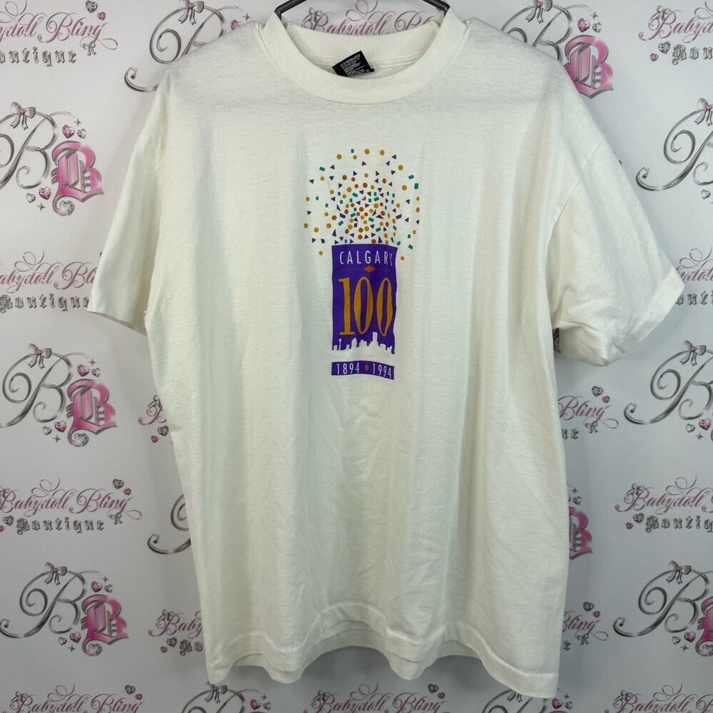 Best T-shirt 1894-1994 vintage top Calgary White T-Shirt with Sparkling Detail